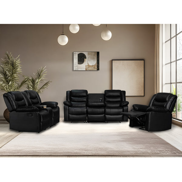 Black Faux Leather Manual Recliner Sofa Set