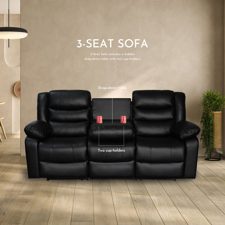 Black Faux Leather Manual Recliner Sofa Set