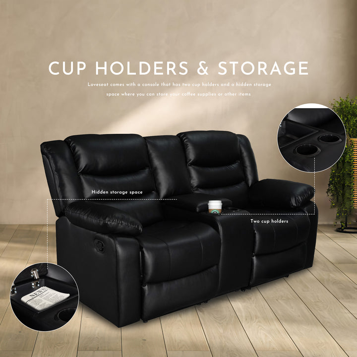 Black Faux Leather Manual Recliner Sofa Set