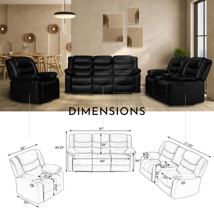 Black Faux Leather Manual Recliner Sofa Set