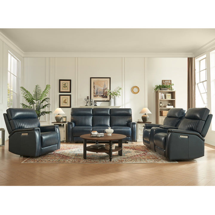 Darkblue Genuine Leather Power Recliner Sofa Set