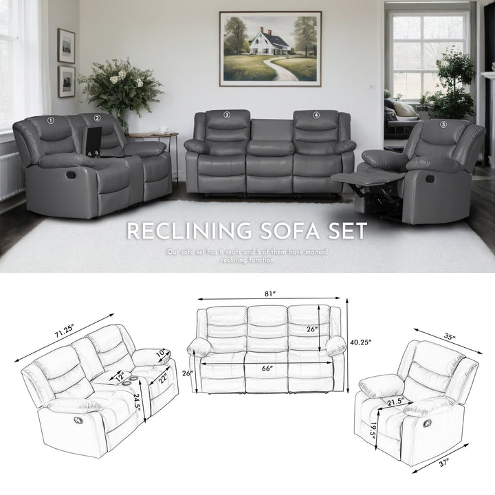 Gray Faux Leather Manual Recliner Sofa Set