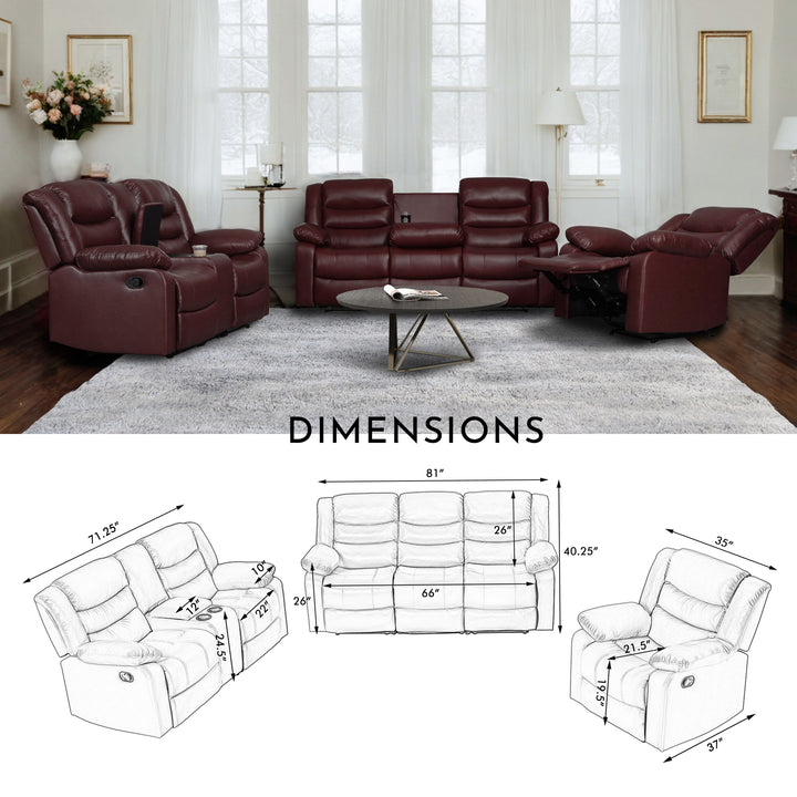 Red Faux Leather Manual Recliner Sofa Set